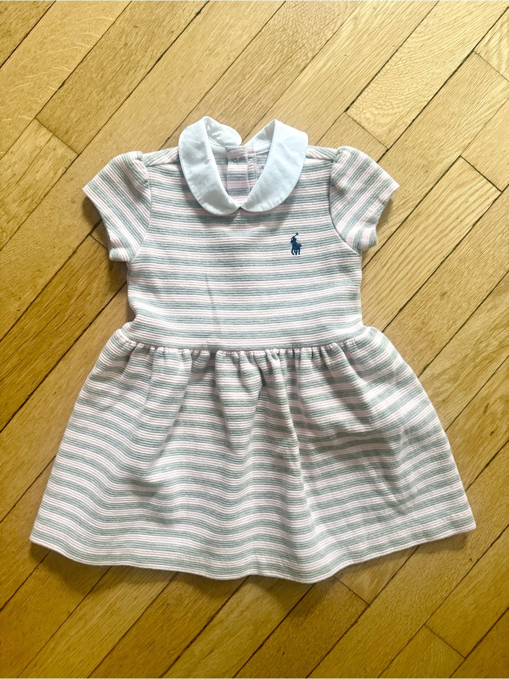 Ralph Lauren Baby Pink & White Striped Short-Sleeve Dress with Peter Pan Collar
